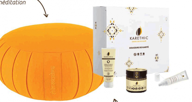 Coussin de méditation avec 3 produits de cosmétique Karethic