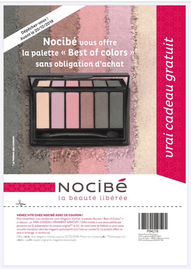 Palette de maquillage Nocibé offerte