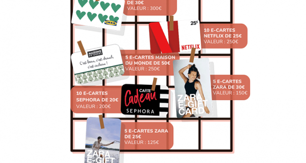 En jeu 10 cartes cadeau Ikea de 30€ et 5 cartes cadeau Zara de 25€