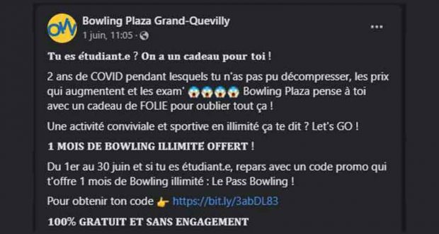 Un pass Bowling d'un mois offert